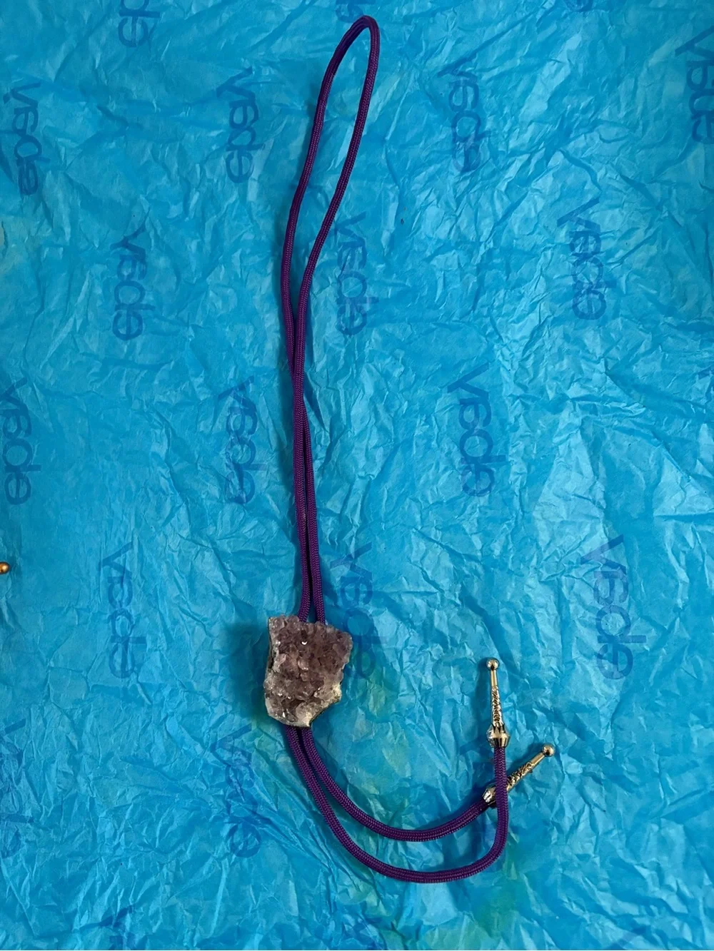 Raw Amethyst Crystal Cluster Necklace - Purple Gem Pendant Bolo Tie